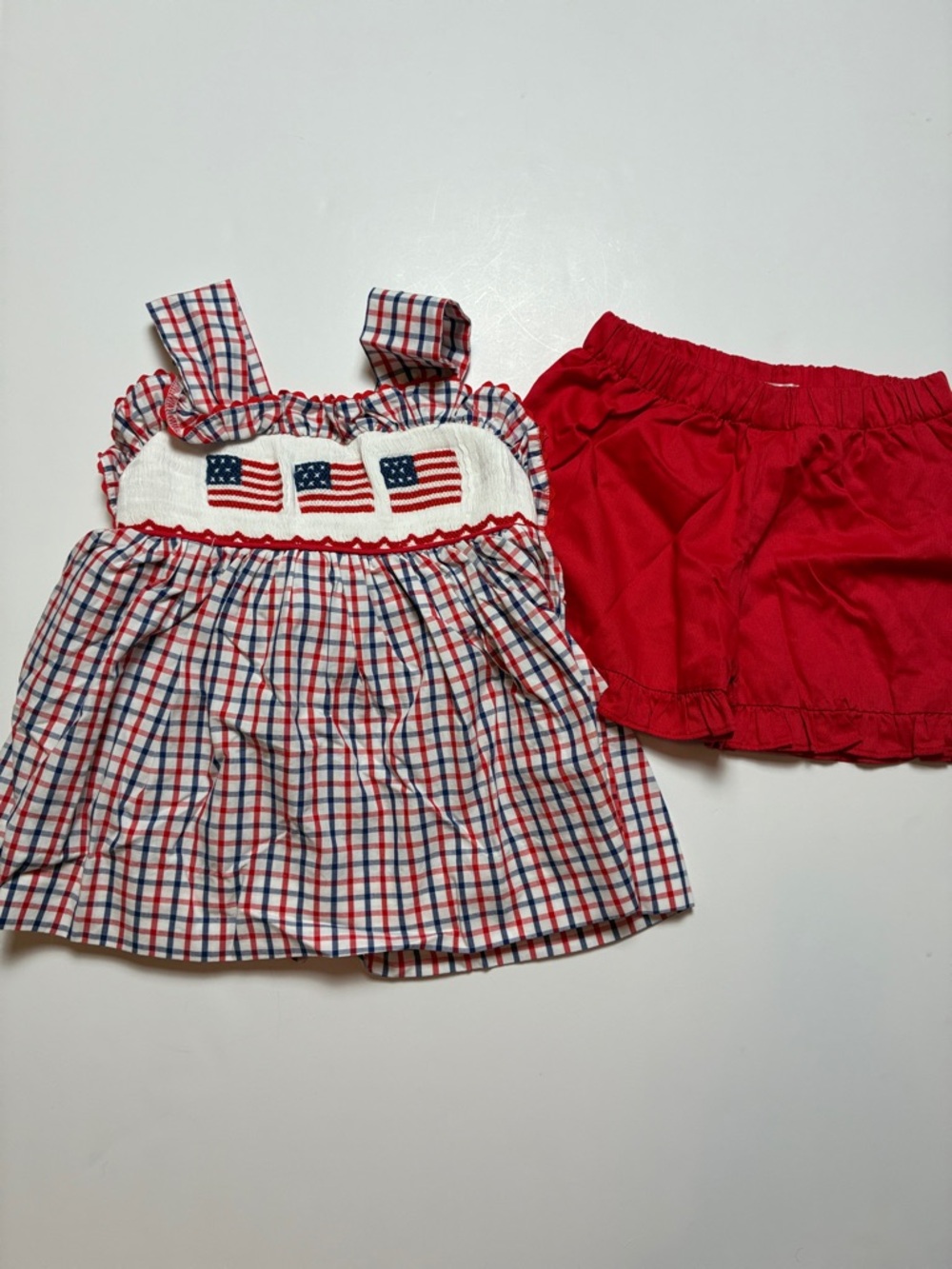 Girls Two-Piece Red, White & Blue Flag Smocked Top with Red Shorts
